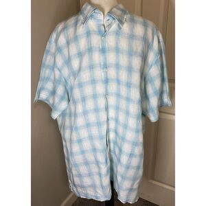 Per Uomo Men's Blue Plaid Short Sleeve Linen Shirt‎ Casual Summer Button-Down XL